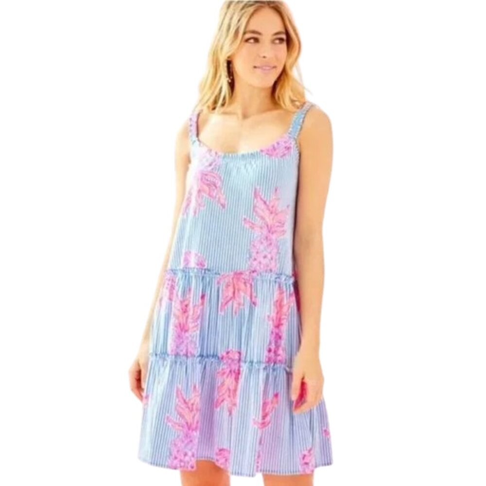 Lilly Pulitzer Loro Rum Swizzle Sleeveless Mini Ruffle Blue Floral Dress
